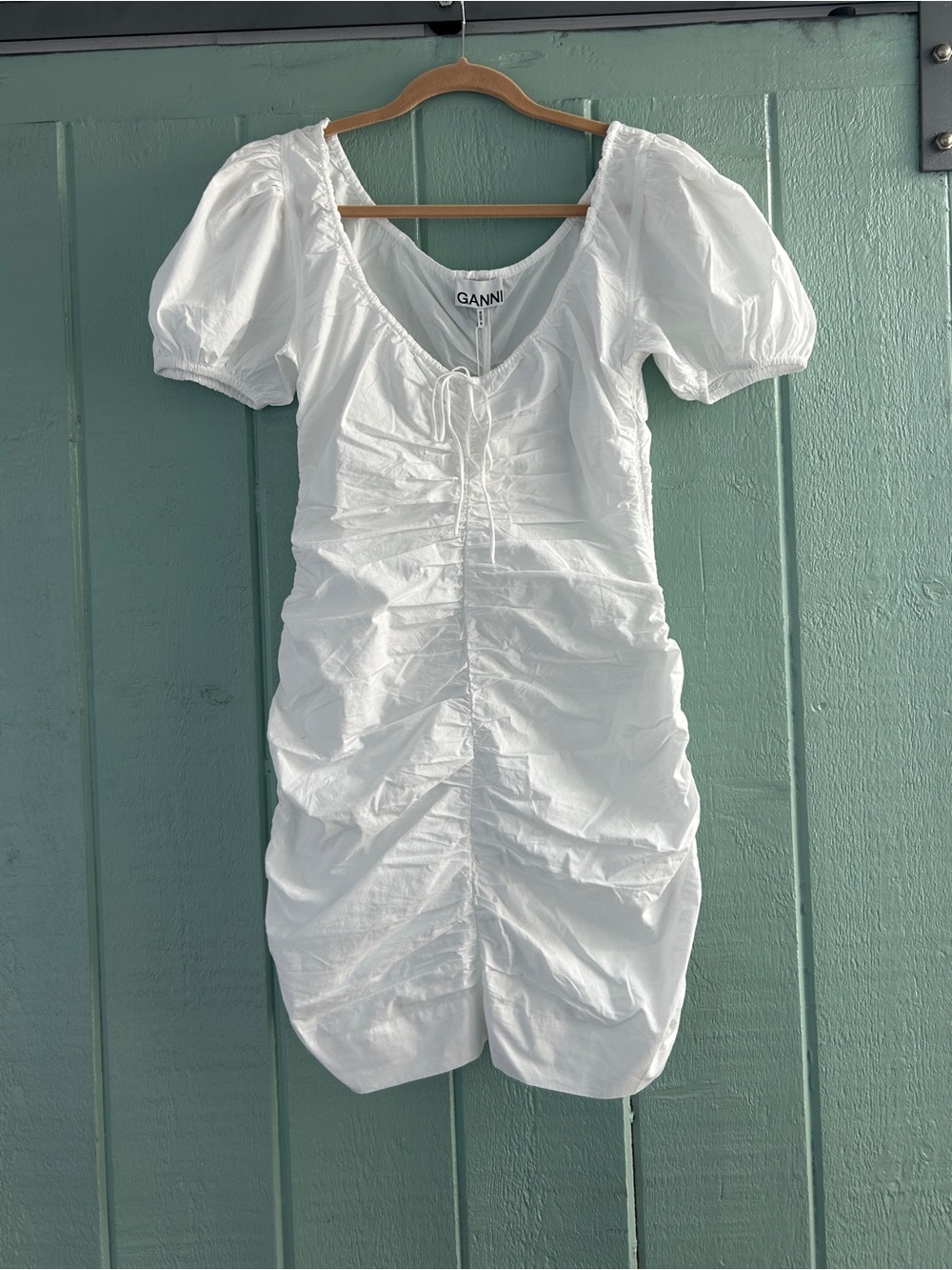NWT Ganni 100% Organic Cotton Poplin Gathered Mini Dress Small 36 White Cottage